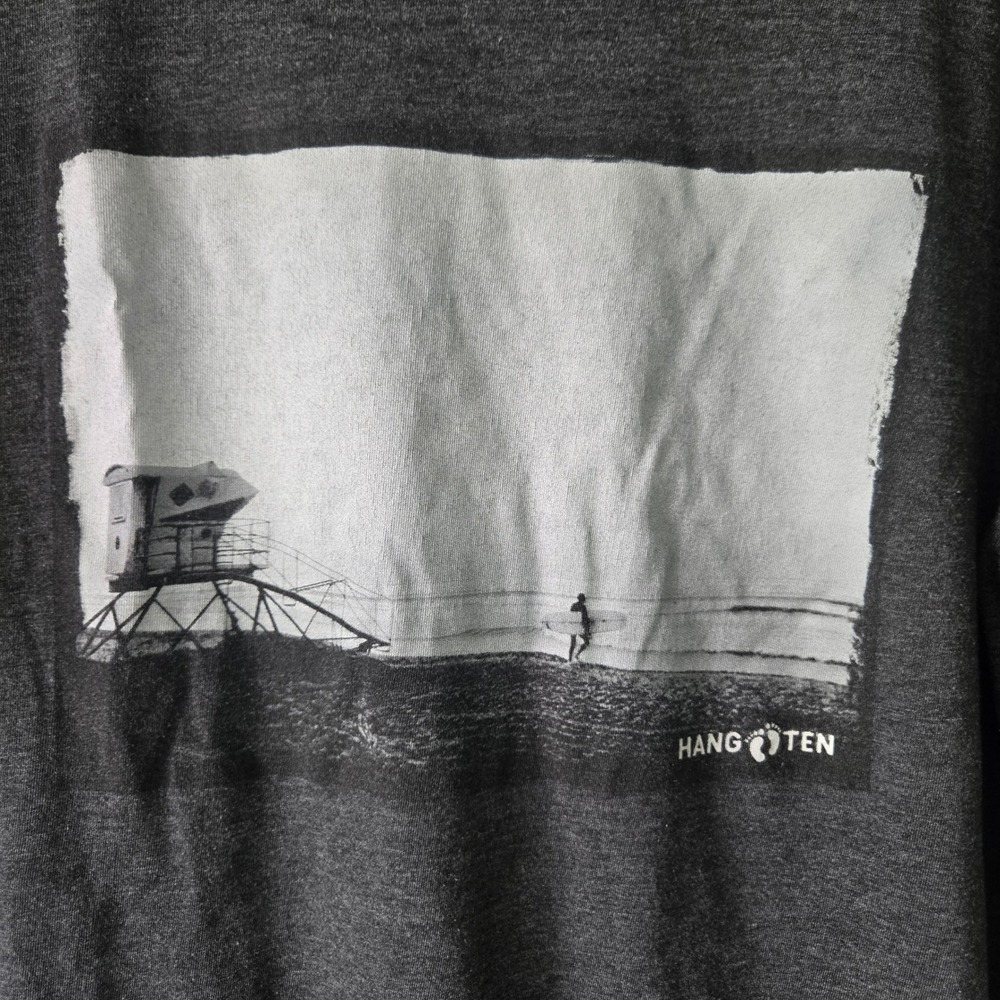Hang Ten Mens Large T-Shirt Charcoal Gray Surf Graphic Beach Lifeguard Cotton
